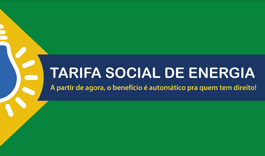 Imagem ilustrativa sobre a Tarifa Social de Energia, com uma lâmpada e o mapa do Brasil, destacando que a inscrição é automática para os aptos ao benefício.