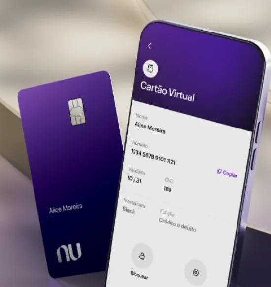 Cartão físico e interface virtual do Nubank exibidos em destaque