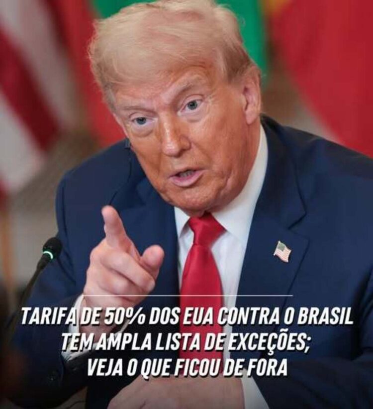 Donald Trump discursa sobre tarifa de 50% adicionais para produtos brasileiros, com exceções específicas como aeronaves e veículos.