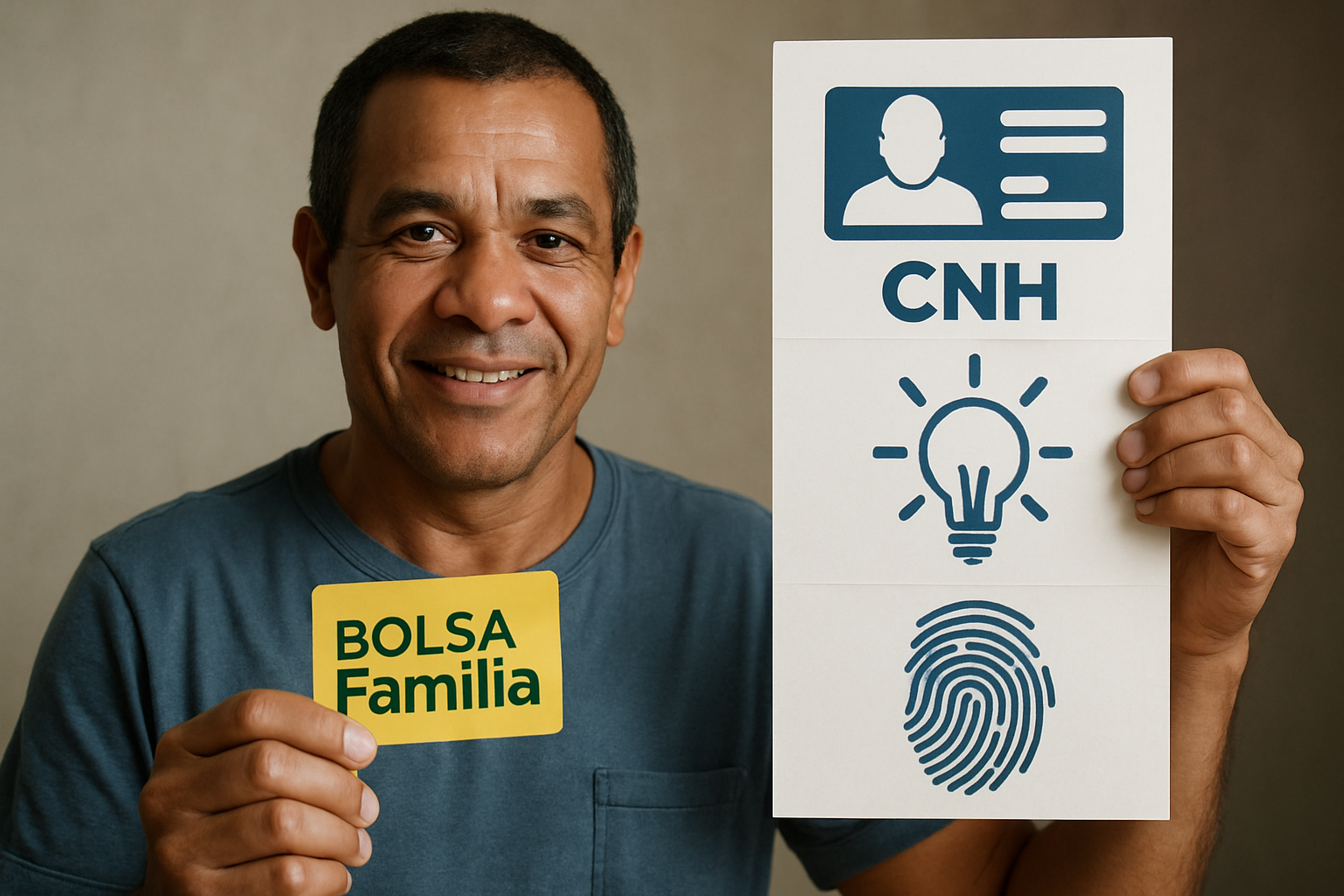 Homem segurando um cartão do Bolsa Família e cartaz com ícones de CNH, lâmpada e digital