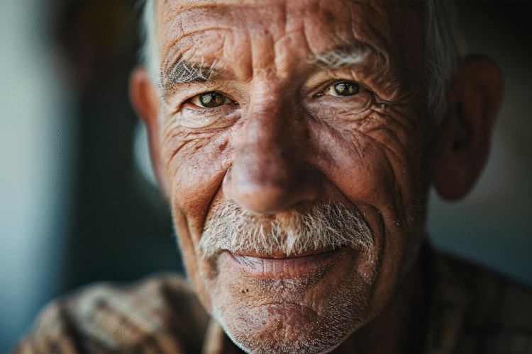 Retrato de um idoso sorrindo, representando aposentados e pensionistas.