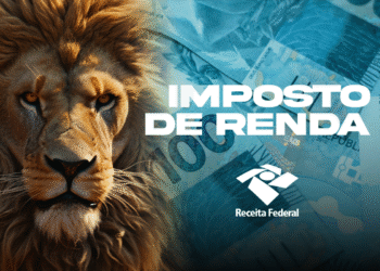 Leão do Imposto de Renda sobre fundo de notas de 100 reais e logotipo da Receita Federal