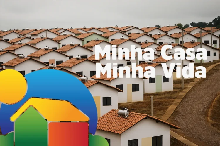 Conjunto habitacional do programa Minha Casa, Minha Vida com diversas moradias construídas, destacando a estrutura organizada e acessível para famílias de baixa renda.