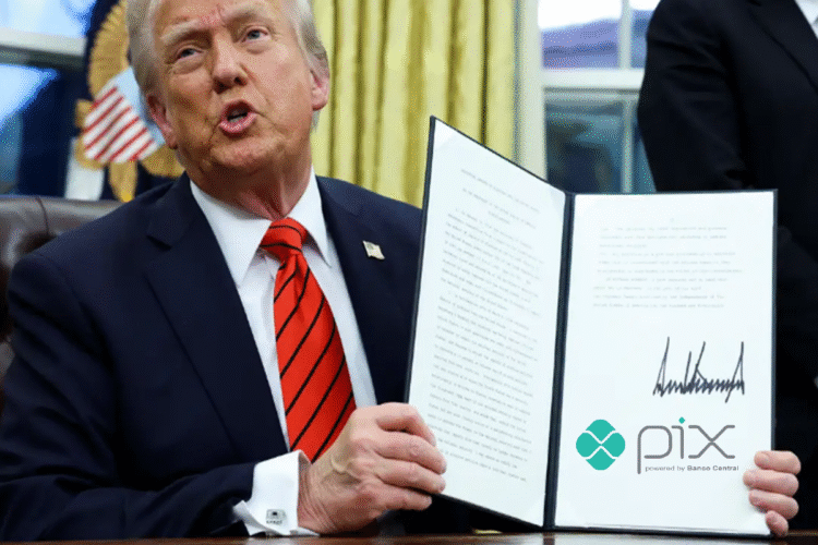 Donald Trump segurando um documento com sua assinatura, durante um discurso sobre uma investigação contra o Brasil e o Pix.