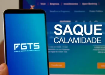 Imagem ilustrativa do saque Calamidade FGTS, com fundo digital e logo da Caixa Econômica.