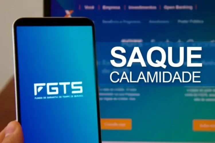 Imagem ilustrativa do saque Calamidade FGTS, com fundo digital e logo da Caixa Econômica.