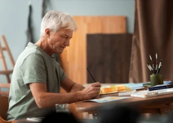 Artista sênior pintando aquarela em seu estúdio, foco na pintura e na concentração.