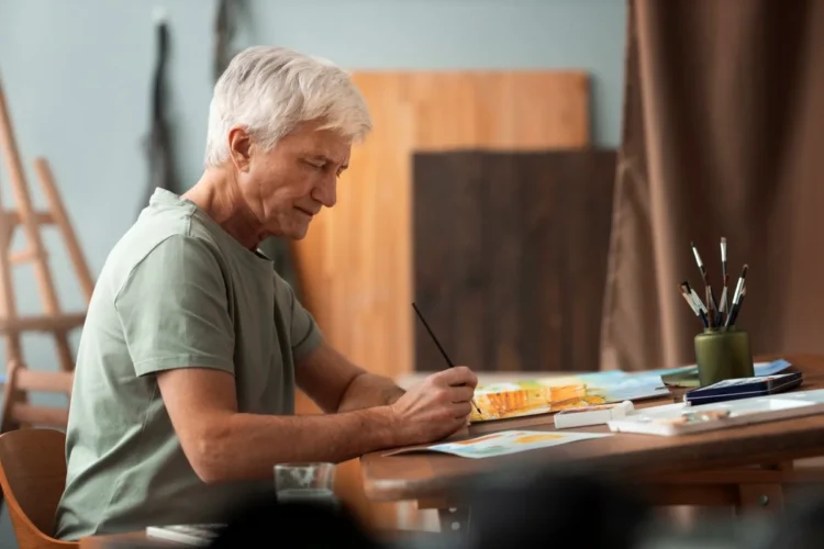 Artista sênior pintando aquarela em seu estúdio, foco na pintura e na concentração.