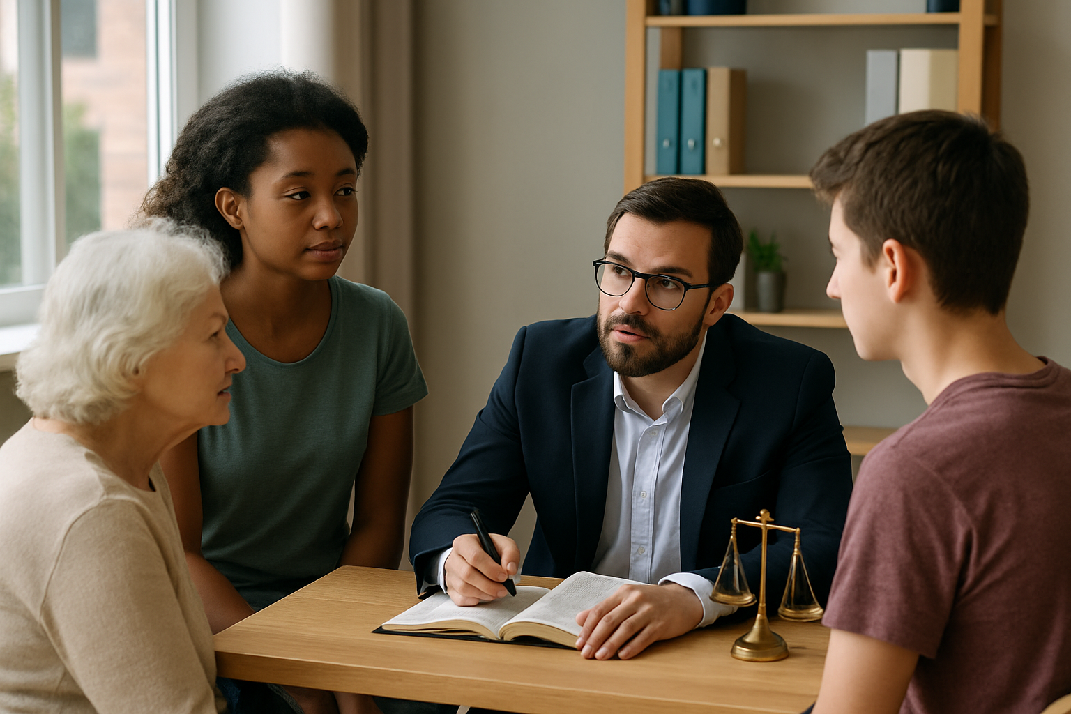 Advogado conversando com três pessoas em um escritório