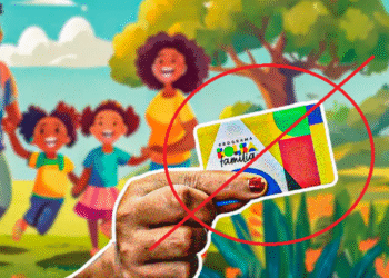 Imagem ilustrativa de uma família feliz ao ar livre com um cartão do Bolsa Família riscado, simbolizando o cancelamento do programa.