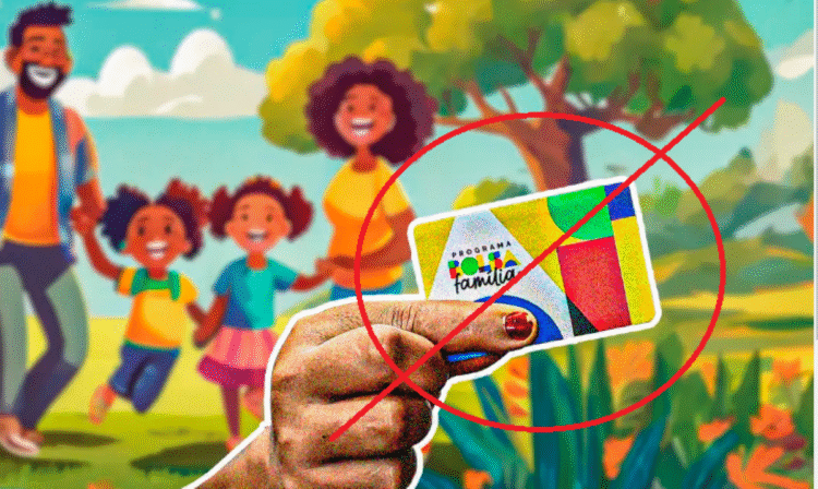 Imagem ilustrativa de uma família feliz ao ar livre com um cartão do Bolsa Família riscado, simbolizando o cancelamento do programa.