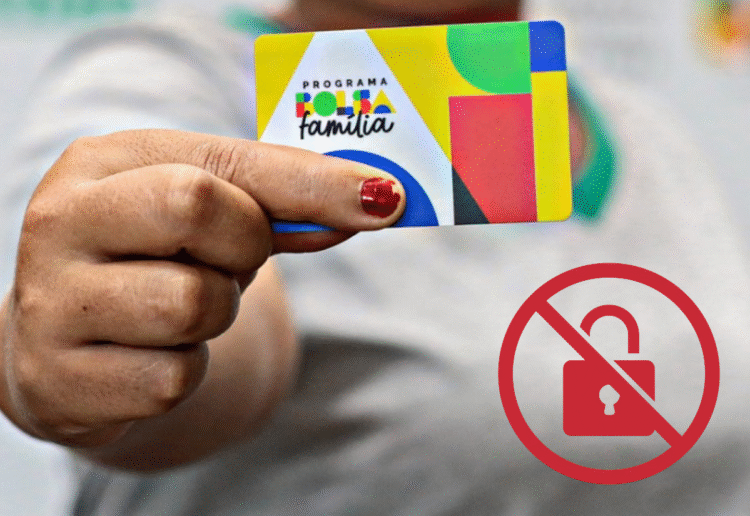 Cartão do programa Bolsa Família com ícone de bloqueio, indicando que é necessário seguir um passo a passo para desbloqueio.