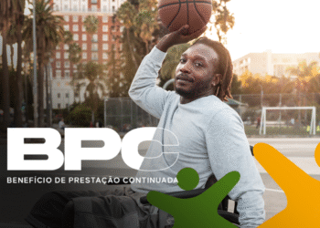 Pessoa em cadeira de rodas jogando basquete com texto "Benefício de Prestação Continuada".