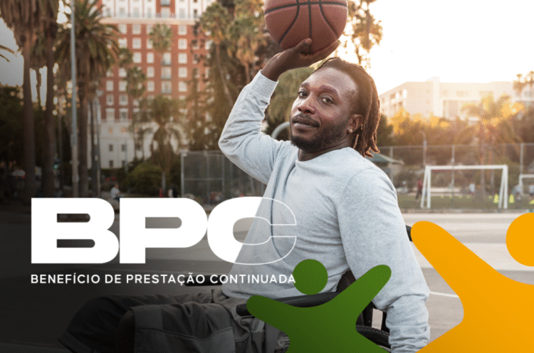 Pessoa em cadeira de rodas jogando basquete com texto "Benefício de Prestação Continuada".