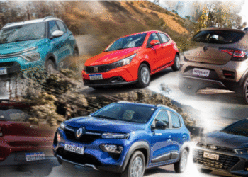 Veículos populares de cores variadas, incluindo modelos Citroën, Fiat, Renault e Hyundai, em um ambiente de estrada, relacionados ao Programa carro sustentável.