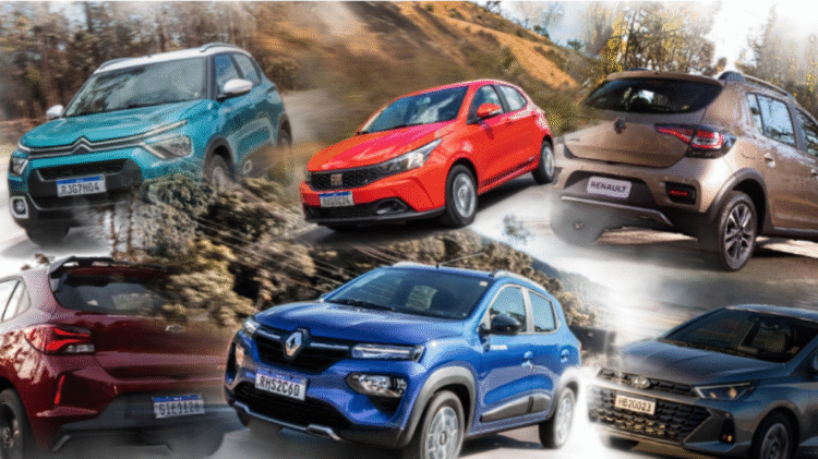 Veículos populares de cores variadas, incluindo modelos Citroën, Fiat, Renault e Hyundai, em um ambiente de estrada, relacionados ao Programa carro sustentável.