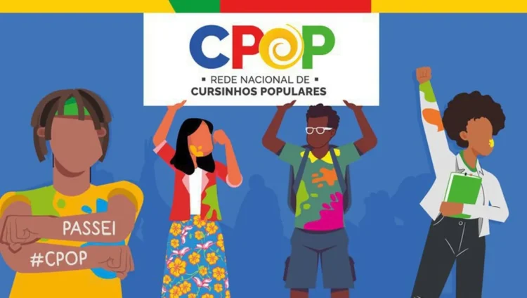 Grupo de jovens com bandeira da CPOP, representando a inclusão e participação no programa de auxílios.