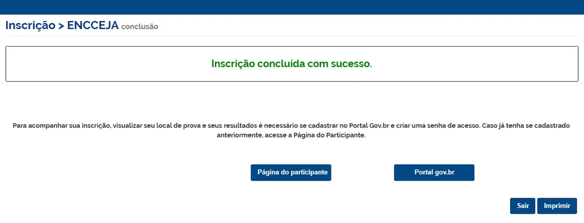 Tela de conclusão da inscrição no Encceja 2025, com a mensagem 'Inscrição concluída com sucesso'.
