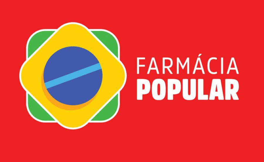 Logotipo da Farmácia Popular com design inspirado na bandeira brasileira e texto em vermelho.