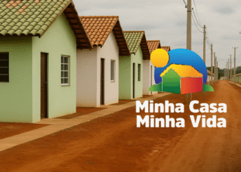 Minha Casa Minha Vida: Casas alinhadas em rua de terra com texto sobre atualização de cadastro.