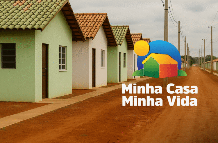 Minha Casa Minha Vida: Casas alinhadas em rua de terra com texto sobre atualização de cadastro.