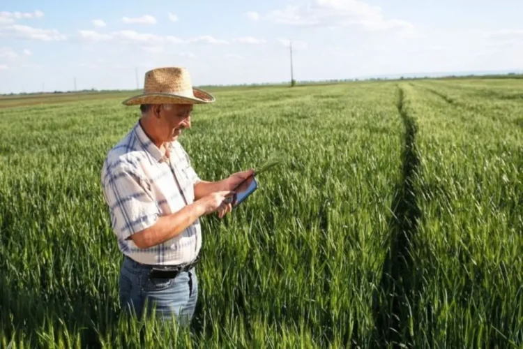 Produtor rural usando um tablet para acessar dados do seu imóvel no campo, ilustrando o uso do app Meu Imóvel Rural.