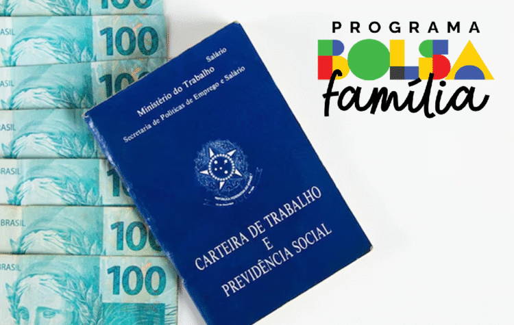 Nota de R$100 ao lado de uma carteira de trabalho, com o logo do programa Bolsa Família, abordando o corte de quase 1 milhão de famílias em julho.