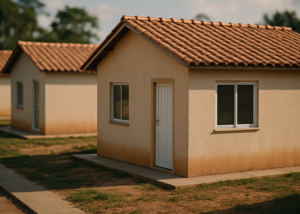 Casas populares do programa habitacional Minha Casa, Minha Vida, com telhados de telha e paredes claras.