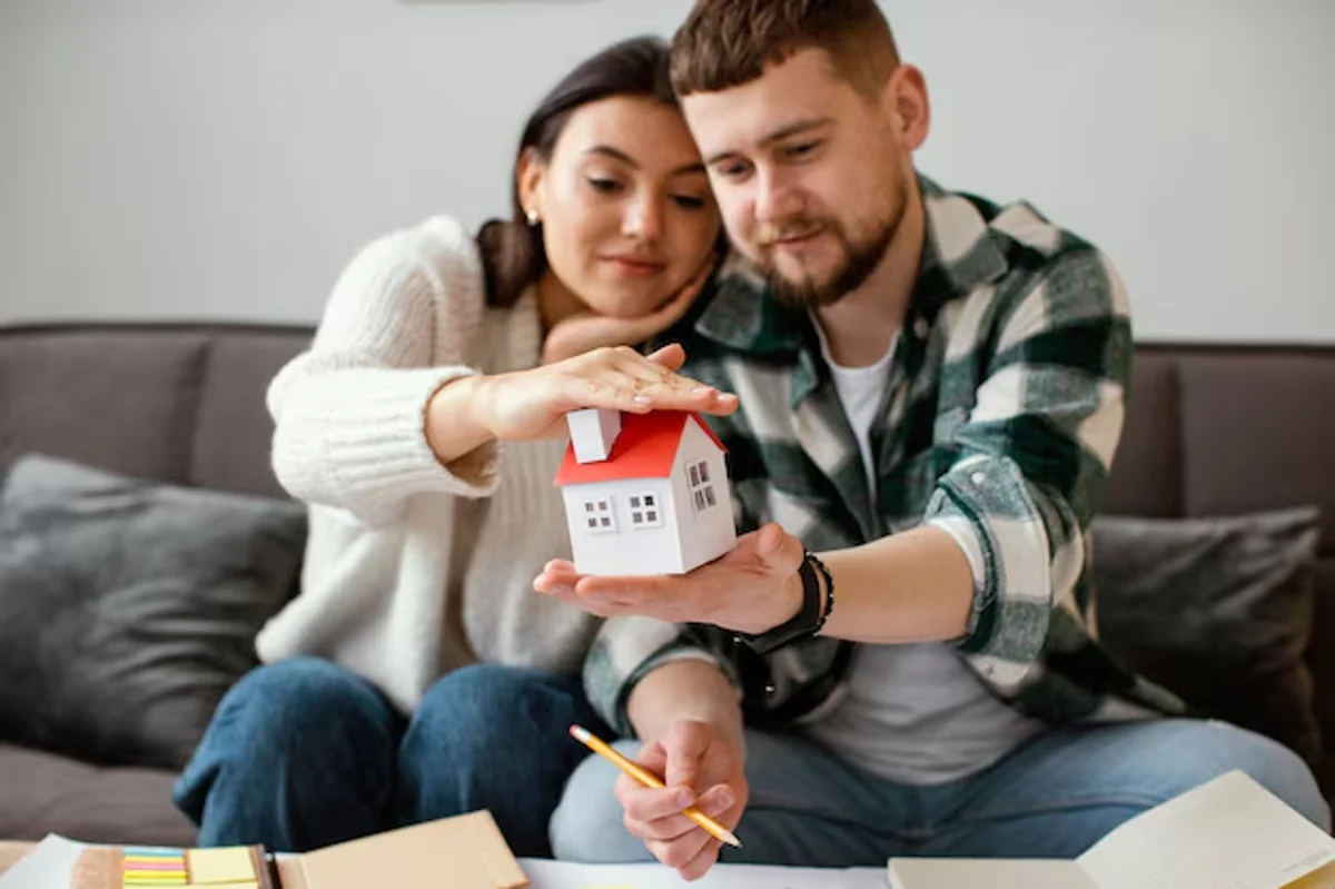 Casal sorridente segurando uma maquete de casa, simbolizando planejamento para financiamento imobiliário.