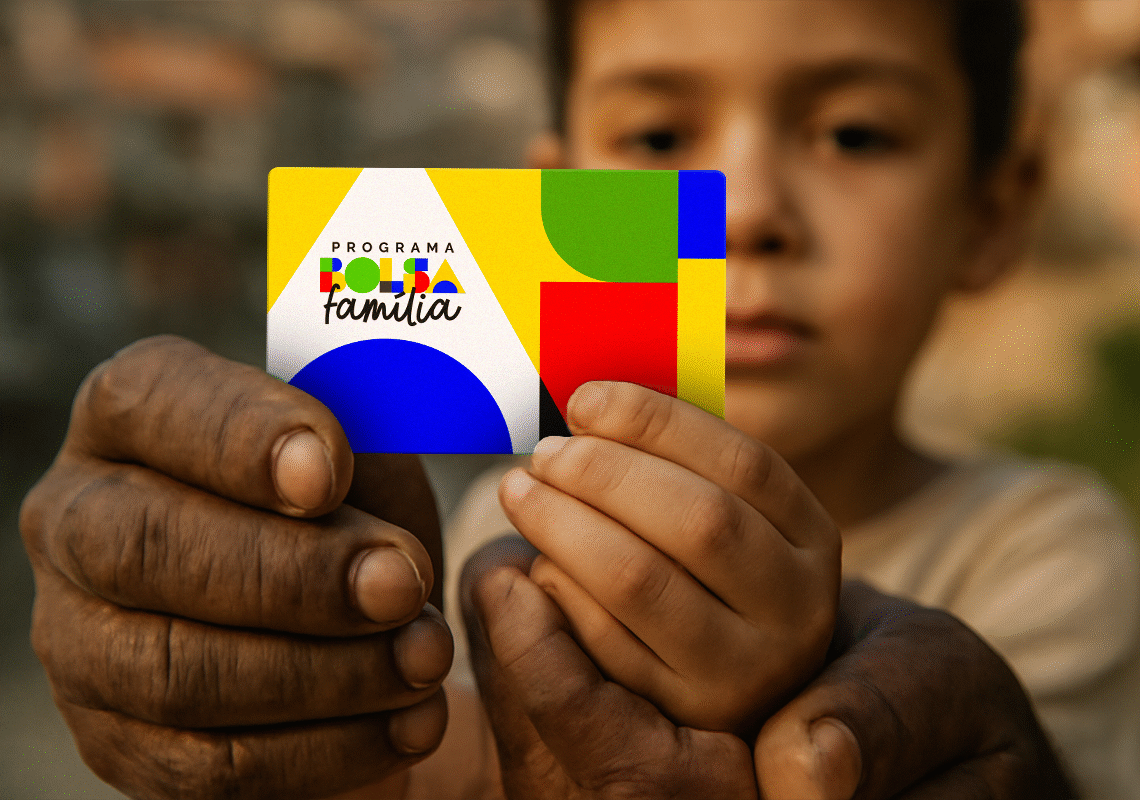 Mãos de um adulto e uma criança segurando o cartão do Bolsa Família, representando a importância do benefício para as famílias brasileiras e o0 cuidado com o bloqueio do Bolsa Família. 