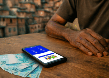 Imagem de celular com aplicativo do Bolsa Família ao lado de cédulas de 100 reais, simbolizando a consulta sobre o benefício.