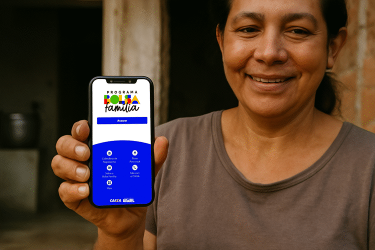 Pessoa segurando o celular com o aplicativo do Bolsa Família, destacando a opção de acesso ao calendário de pagamentos e informações sobre o programa.