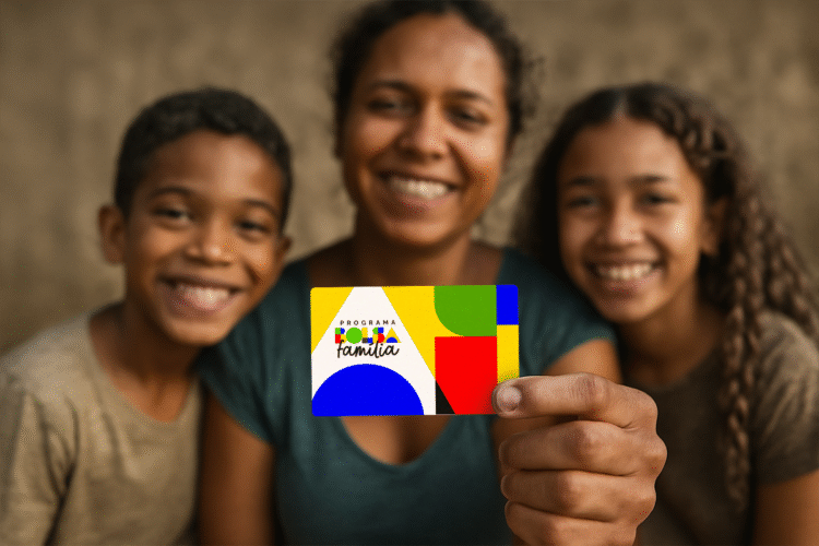 Família com o cartão do Bolsa Família em mãos
