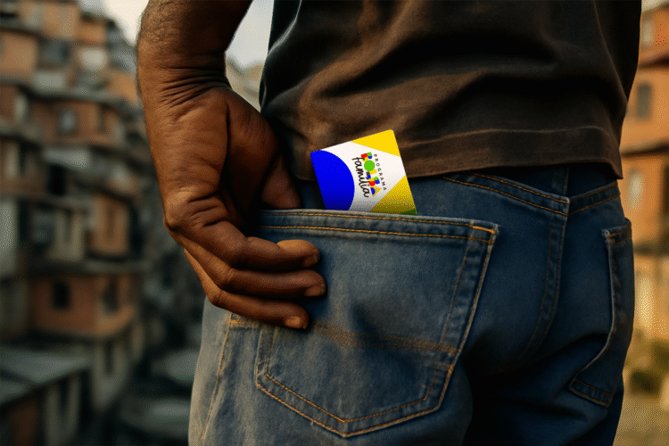 Cartão do Bolsa Família visível no bolso de uma pessoa, representando o auxílio financeiro no contexto de mudanças e bloqueios no programa.