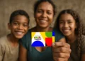 Família feliz segurando o cartão do Bolsa Família, representando a importância da atualização de dados para manter o benefício ativo
