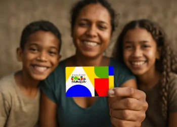 Família feliz segurando o cartão do Bolsa Família, representando a importância da atualização de dados para manter o benefício ativo