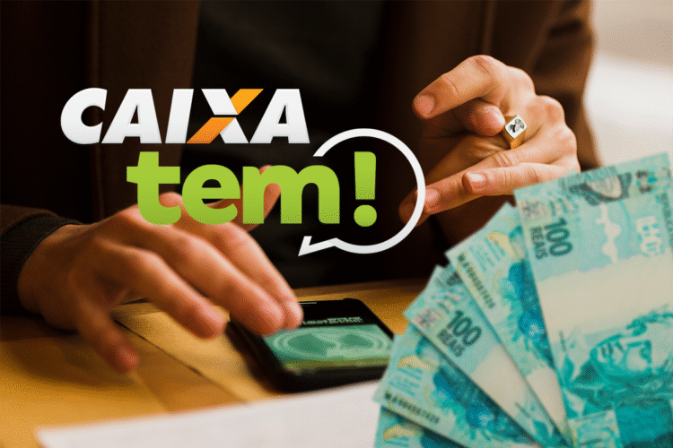 Pessoa utilizando o aplicativo Caixa Tem para consultar benefícios e visualizar saldo em dinheiro.