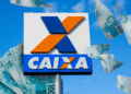 Logo da Caixa Econômica Federal com notas de R$ 100 ao fundo, destacando a nova lista de brasileiros que podem sacar até R$ 6.2 mil.