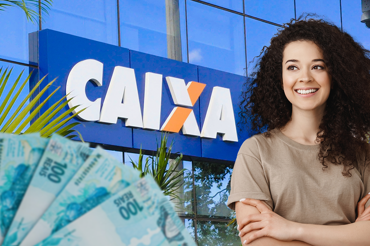 Imagem de uma mulher sorrindo em frente a uma agência da Caixa Econômica Federal, com notas de R$100 em destaque, representando o abono salarial não resgatado.