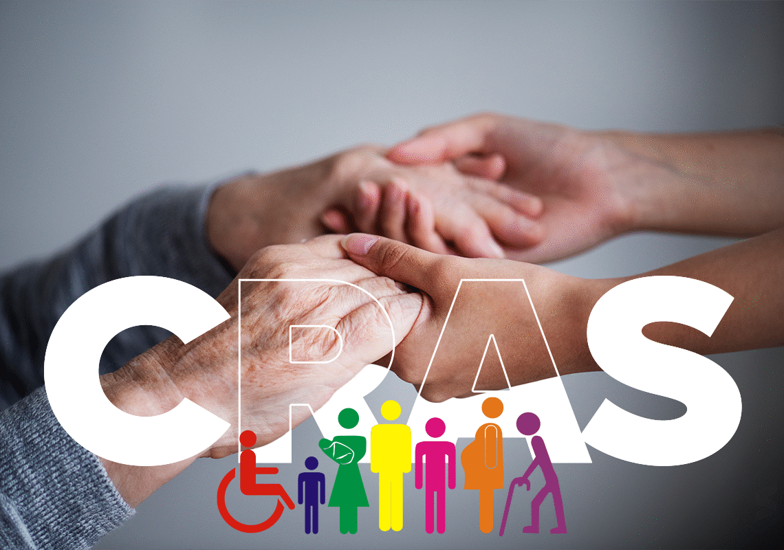 Imagem ilustrativa do CRAS, com mãos de diferentes idades e condições, representando a visita domiciliar realizada por profissionais.