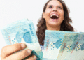 Pessoa sorrindo e segurando notas de 100 reais, representando o resgate do abono salarial não sacado.