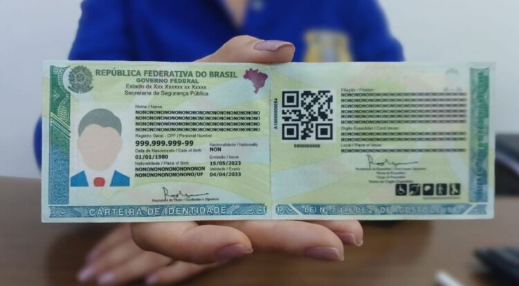 Modelo de RG brasileiro moderno, com dados pessoais, QR Code e informações sobre a validade do documento.