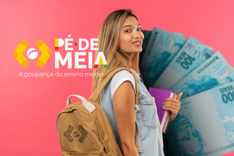 Imagem de estudante com mochila e livros, ilustrando o programa Pé-de-Meia 2025, que oferece apoio financeiro para alunos do ensino médio público.