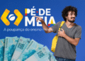 Imagem de jovem sorrindo com uma mochila amarela, ao lado de cédulas de R$ 100, representando o programa de poupança Pé-de-Meia para o ensino médio.