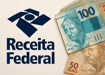 Símbolo da Receita Federal ao lado de notas de dinheiro, representando a restituição do Imposto de Renda.