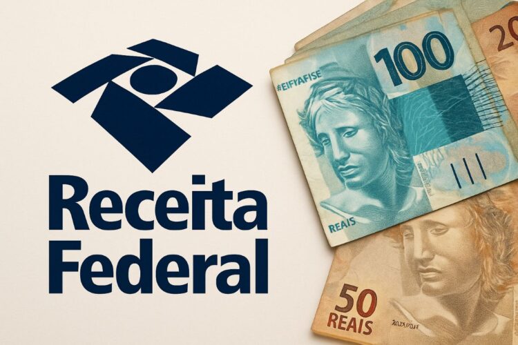 Símbolo da Receita Federal ao lado de notas de dinheiro, representando a restituição do Imposto de Renda.