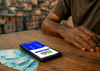 Pessoa utilizando celular com tela exibindo logo do Bolsa Família, com cédulas de 100 reais ao lado.