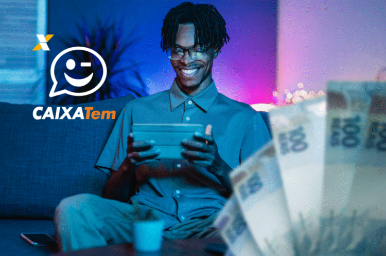Homem sorrindo e usando um tablet, com o logo Caixa Tem, representando o auxílio-gás de R$ 108 disponível via Pix.