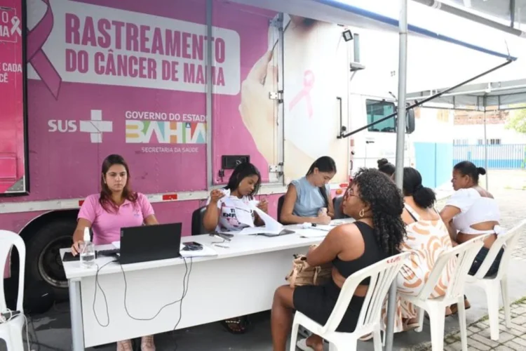 Mulheres sendo atendidas na carreta da mamografia, com equipe de profissionais realizando o rastreamento do câncer de mama.