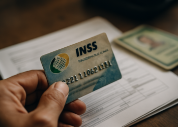 Mão segurando cartão do INSS sobre documentos em uma mesa